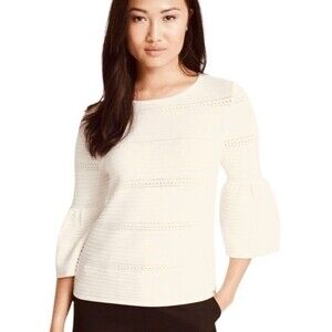 White House Black Market Bell Sleeve Top XS Ivory Pointelle Fabric Career EUC